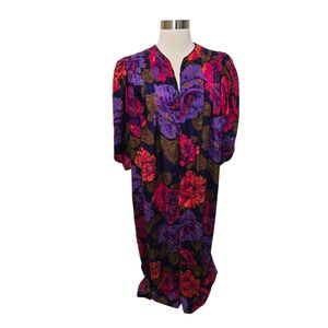 Vintage David Brown California Long Caftan Dress Robe Mumu Size Small Purple Flo